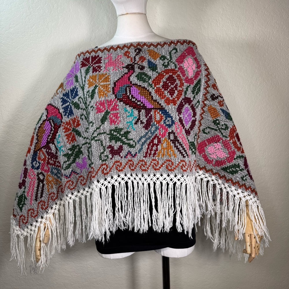 Mexican Mañanita Hand Embroidered Peacock Floral Motif Colorful Poncho Shawl O/S